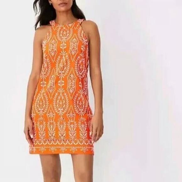 Ann Taylor Halter Shift Dress Womens 8 Orange Floral Eyelet Cotton 2024 Style - Picture 1 of 10